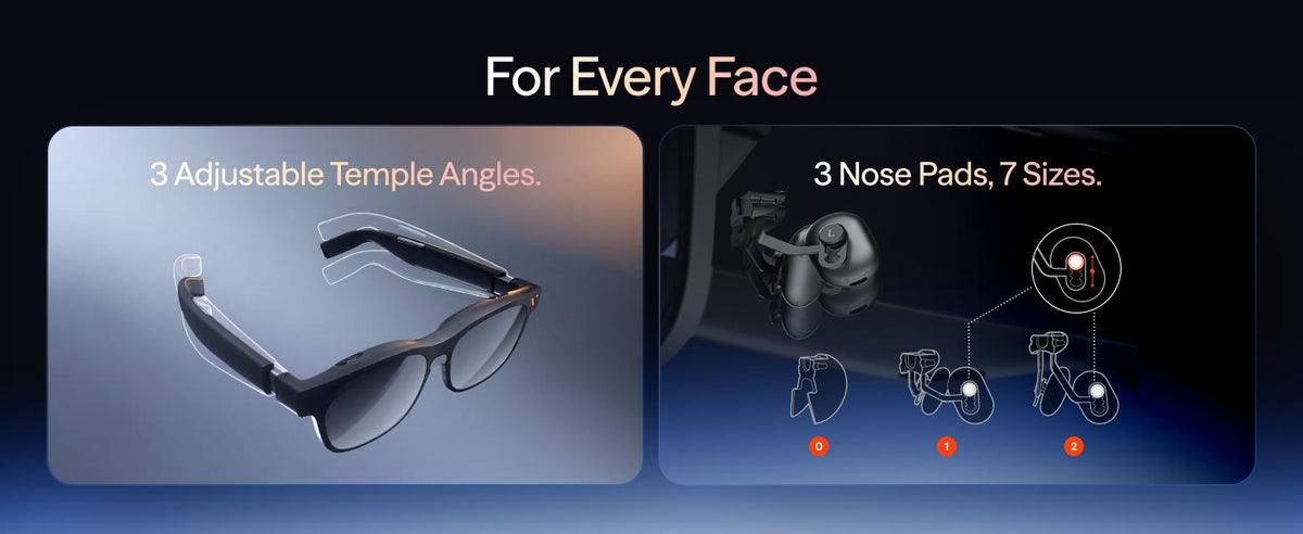 Three temple positions and three nose pads with seven height settings